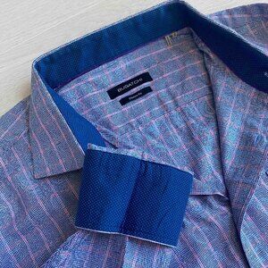 Bugatchi Blue Pink Stripes with Subtle Swirl Print Men Dress Shirt Size XL Work